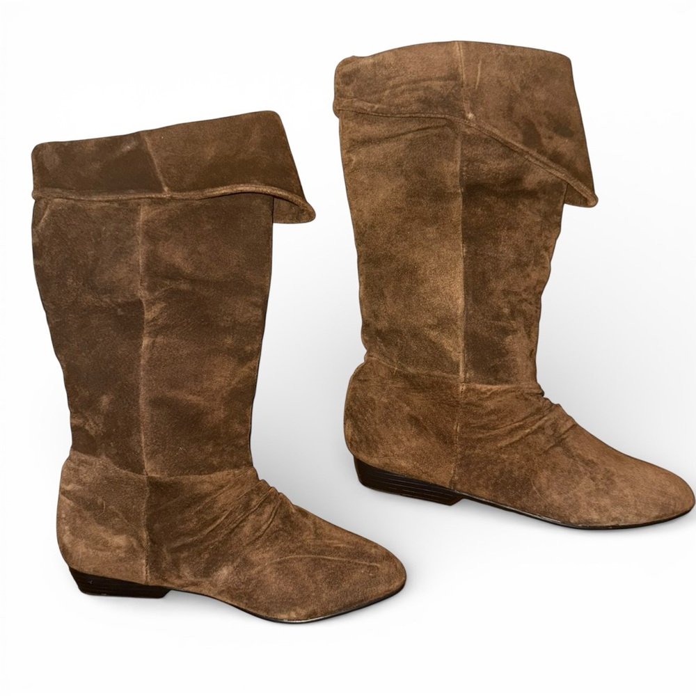 Vintage 90s Brown Suede Slouch Boots 9.5 Whimsigoth Fold Over Leather